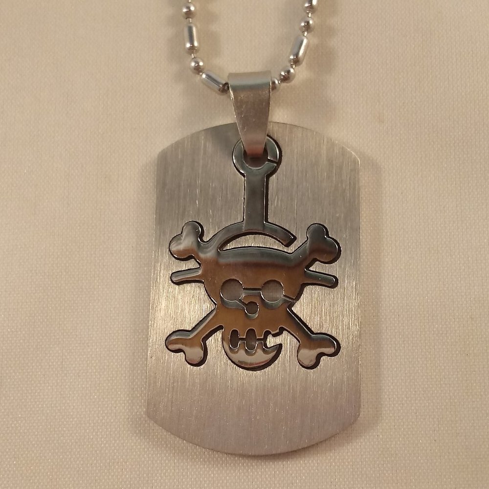 Mens Stainless Steel Pirate Skull Cut Fit Dog Tag Pendant Bamboo Chain Necklace - Picture 2 of 4
